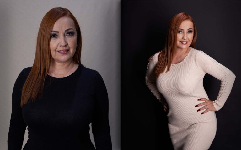 Mujer peliroja con vestido blanco ajustado