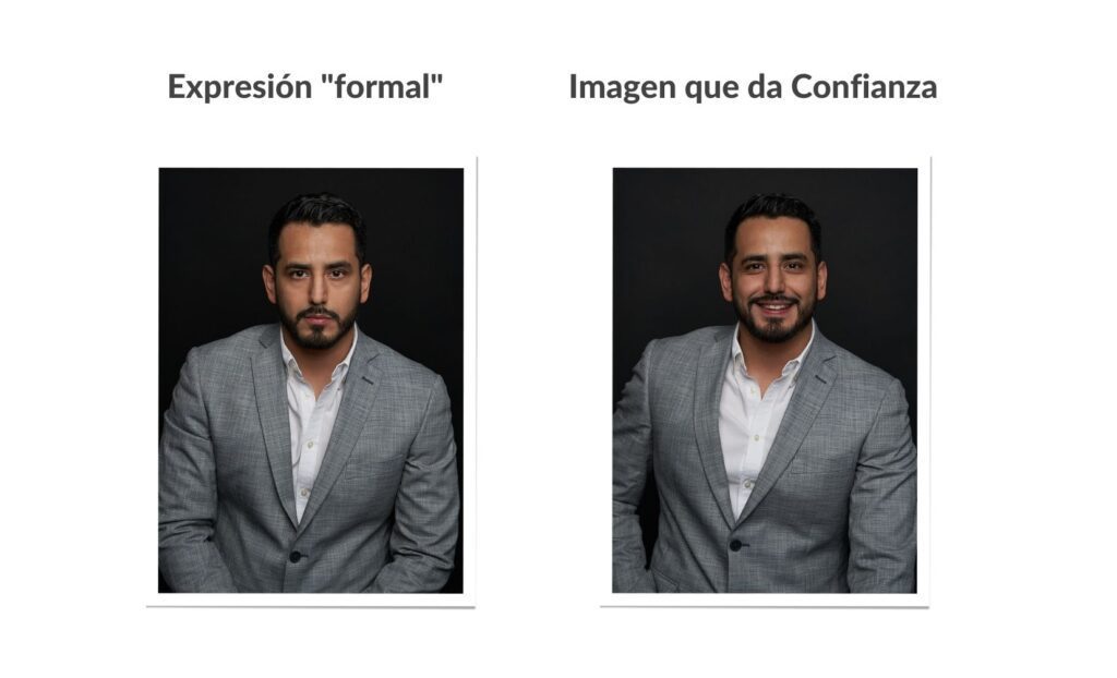 Dos fotos comparando expresión seria y sonriente de retrato de perfil profesional