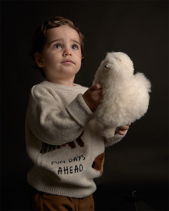 Niño de 2 años sosteniendo una llama de peluche blanco