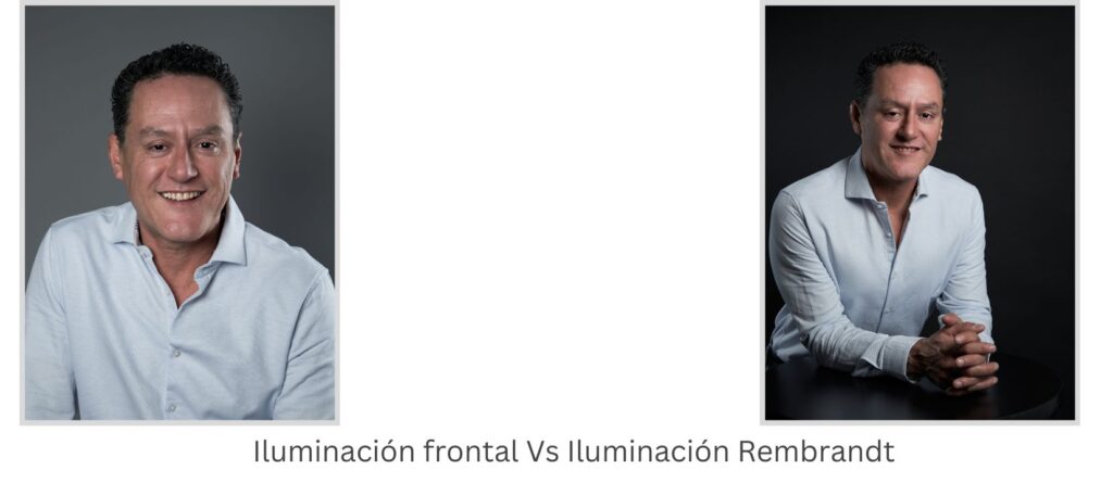 Dos retratos de la misma persona uno con iluminación frontal y otro con iluminación en Rembrandt